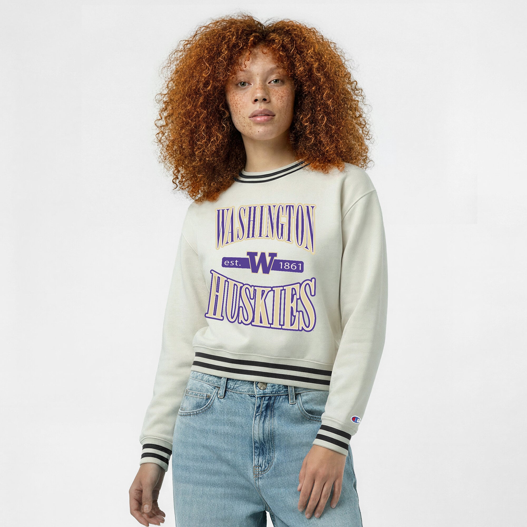 Women's Champion White Washington Huskies Yarn Dye Rib Reverse Weave Crew Sweatshirt